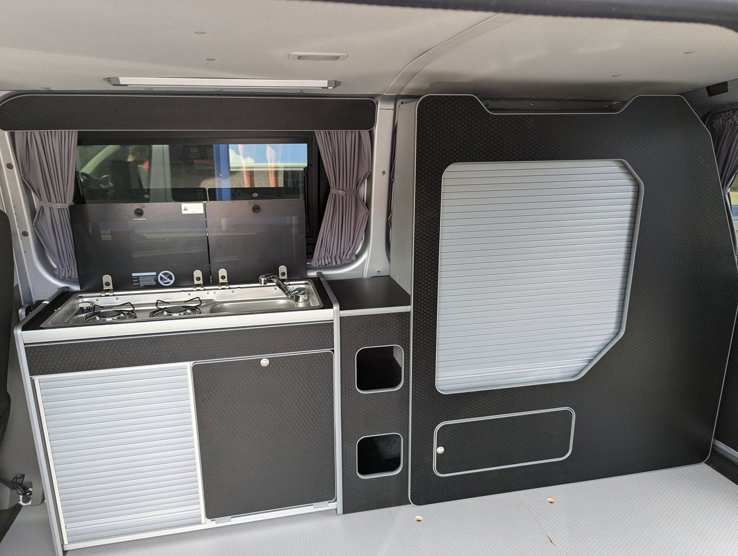 IN STOCK Vangear X - Pod (Gen2.2) Campervan kitchen (Black - Tambour Door) - Vangear UK